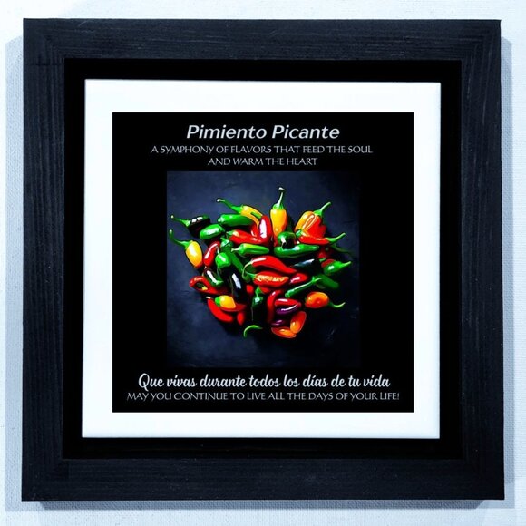 WALL ART -- CHILI PEPPERS 8X8 INCHES. A RAISED TILE IN A BLACK FRAME - Picture 1 of 3